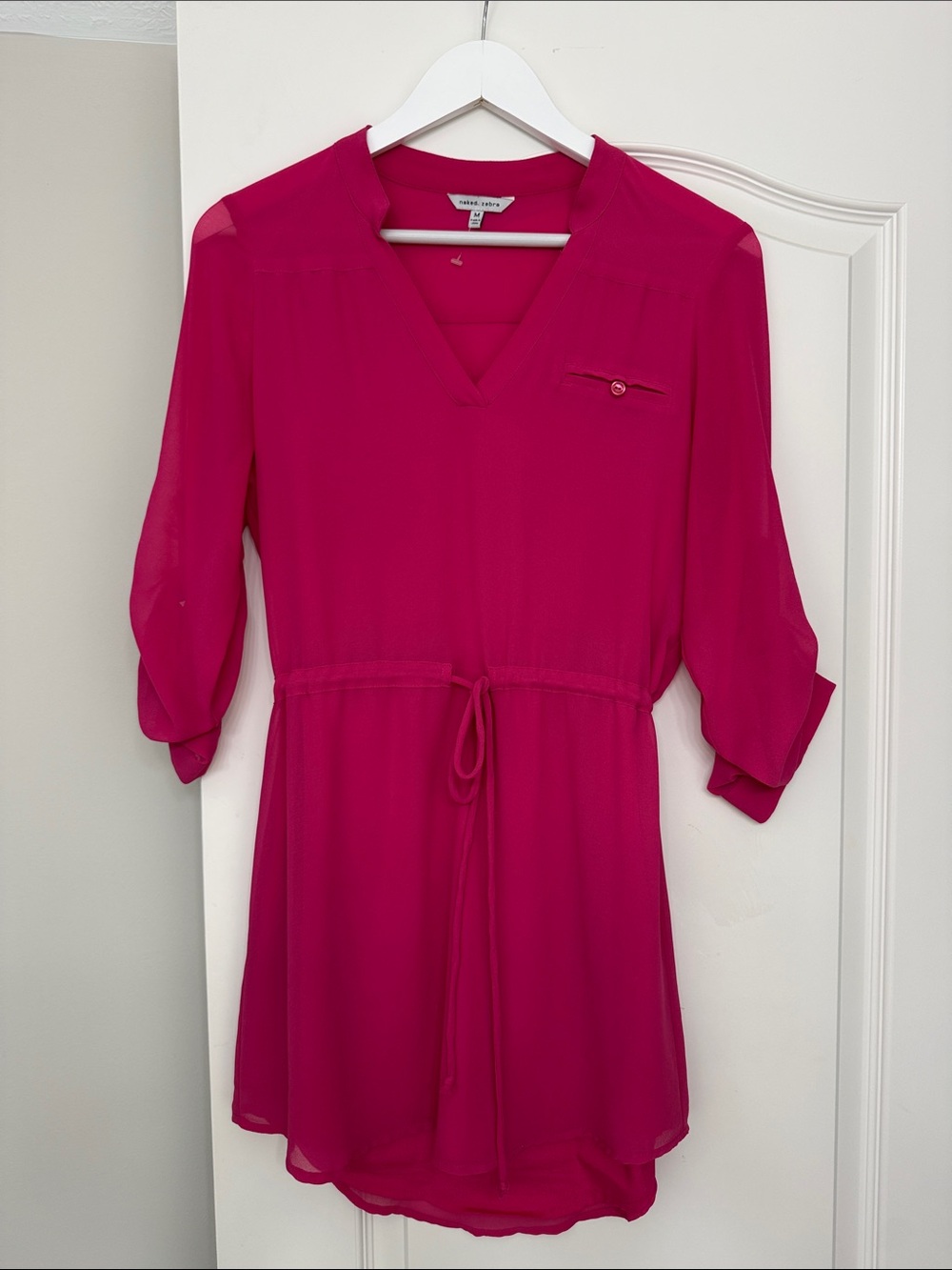 Roll-tab Long-Sleeve V-Neck Tunic Dress in Pink